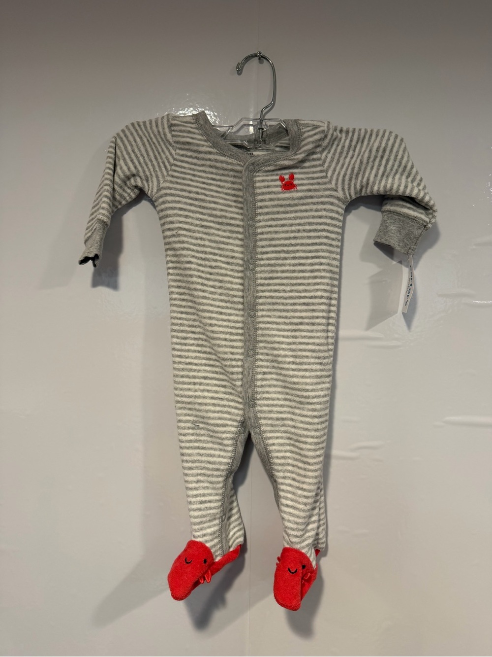 Carter's‎ Gray & White Towel Striped Footed One-Piece with Red Crab Accents NWT